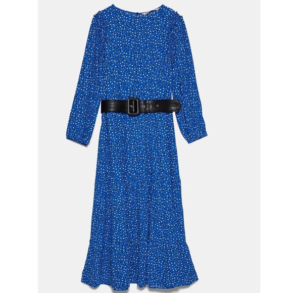 Zara Ruffle Long Sleeve Polka Dot Tiered A-Line Midi Dress Size M Bohemian Blue - Picture 1 of 15